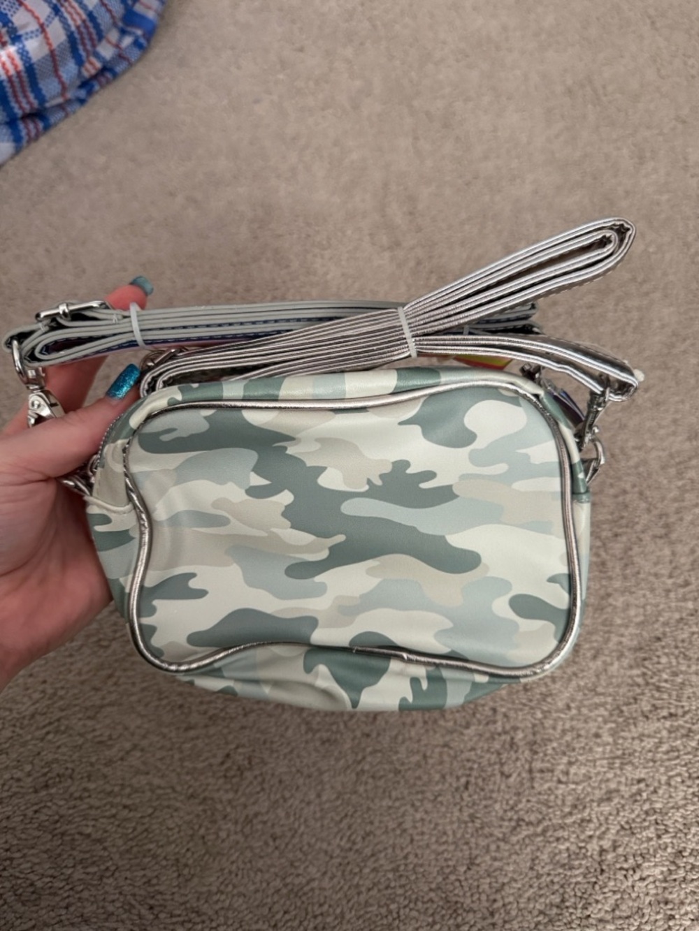 Green Camo Crossbody Bag with Rainbow Strap and silver strap - Picture 3 of 6